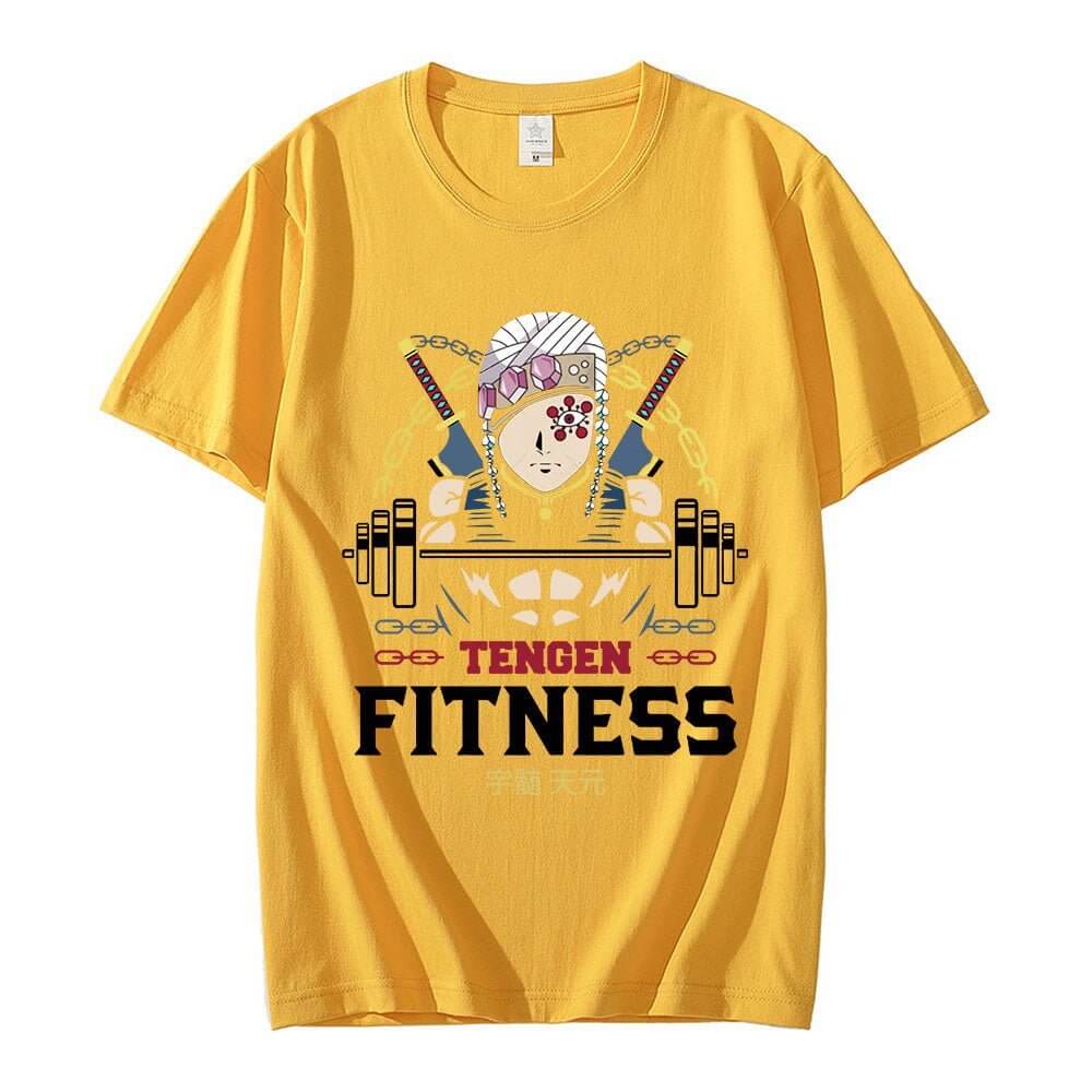 Tengen Uzui fitness t-shirt in yellow featuring a graphic design with weights and character elements for athletic and casual wear.