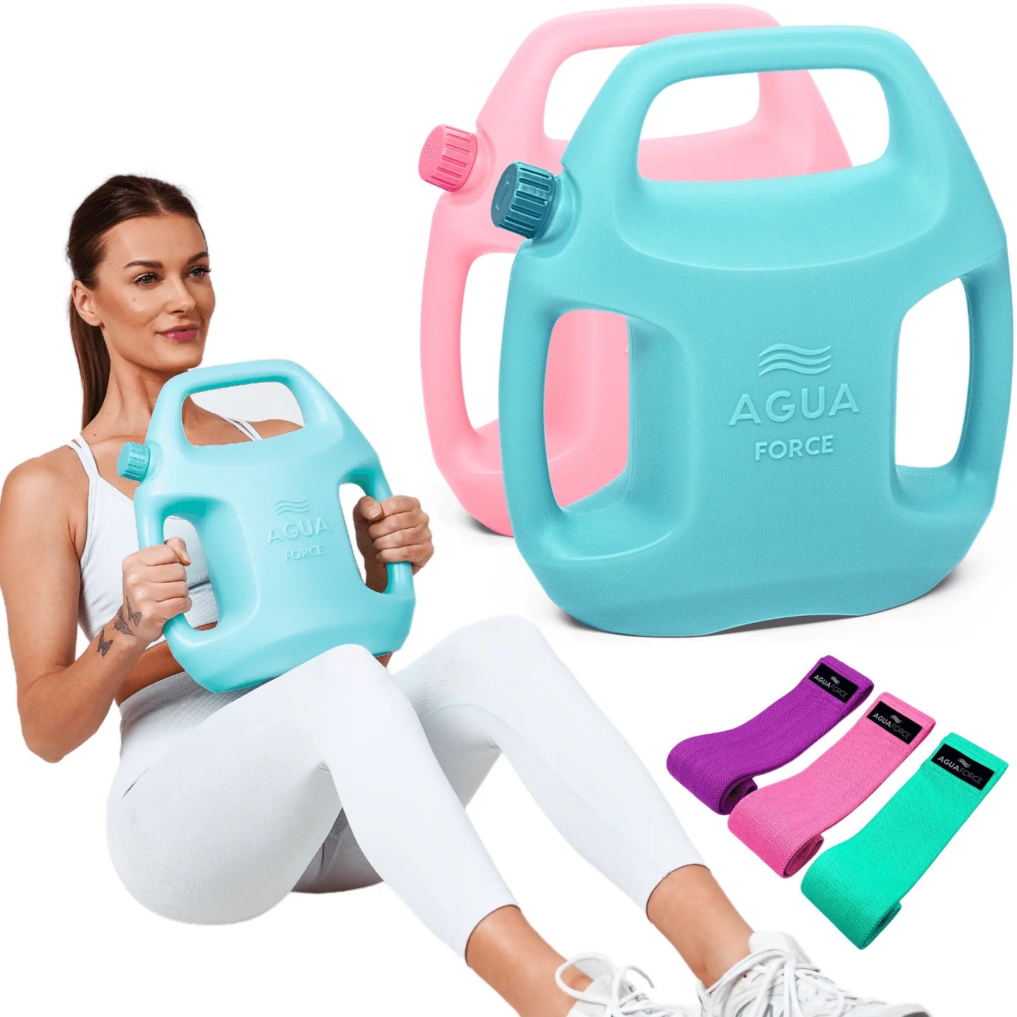Pair of adjustable water-filled weights from My Store 2 in aqua and pink, weighing 2 to 11 pounds each for versatile strength training.