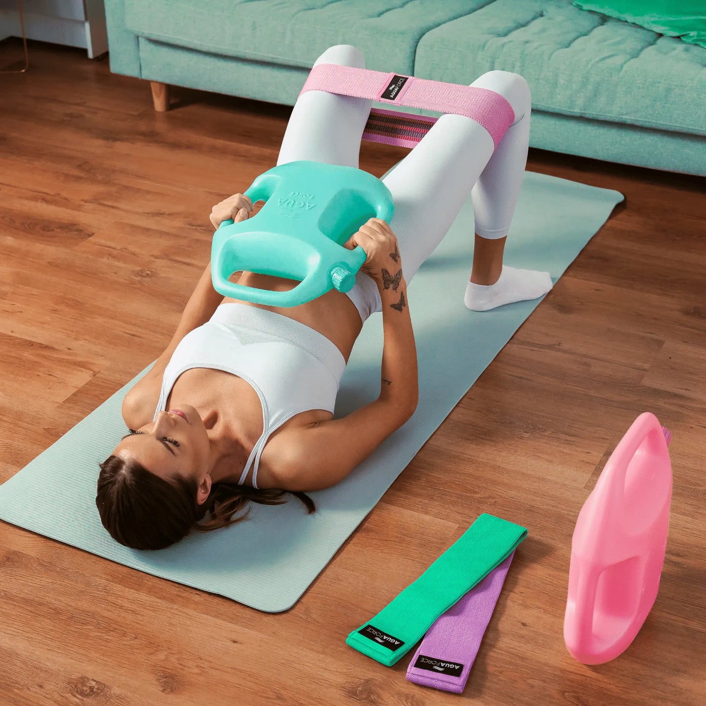Pair of My Store 2 water-filled adjustable weights in aqua and pink, 2-11 lbs, shown in a set of two for versatile exercise use.