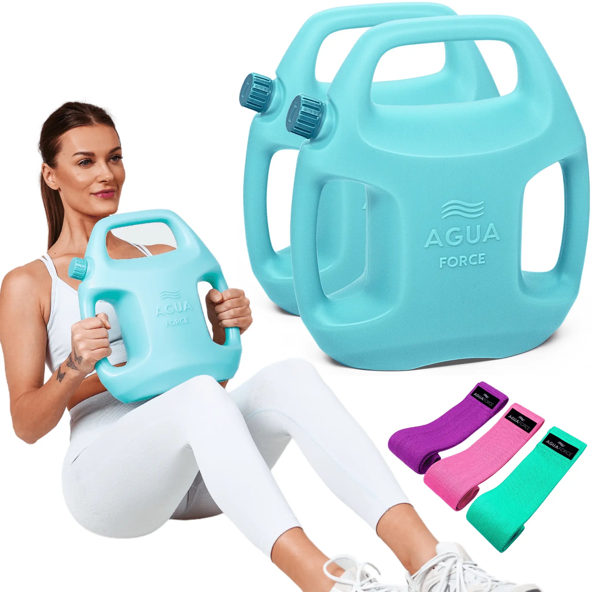 Set of two water-filled adjustable weights from My Store 2, pink and aqua, weighing 2-11 lbs for strength training.