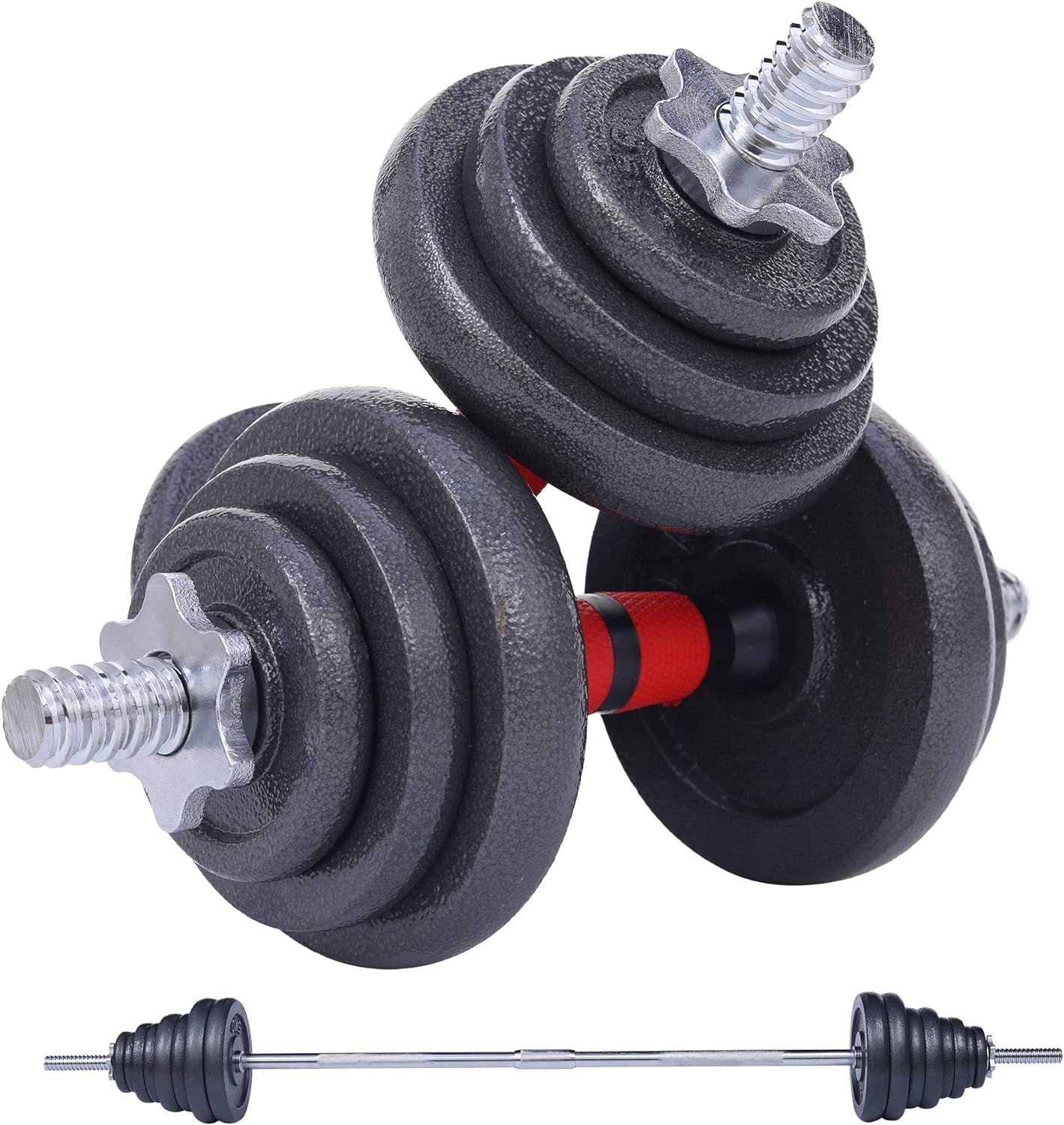 Adjustable dumbbells and barbell weight set from My Store 2 with anti-slip handles, suitable for home gym, office, and fitness.