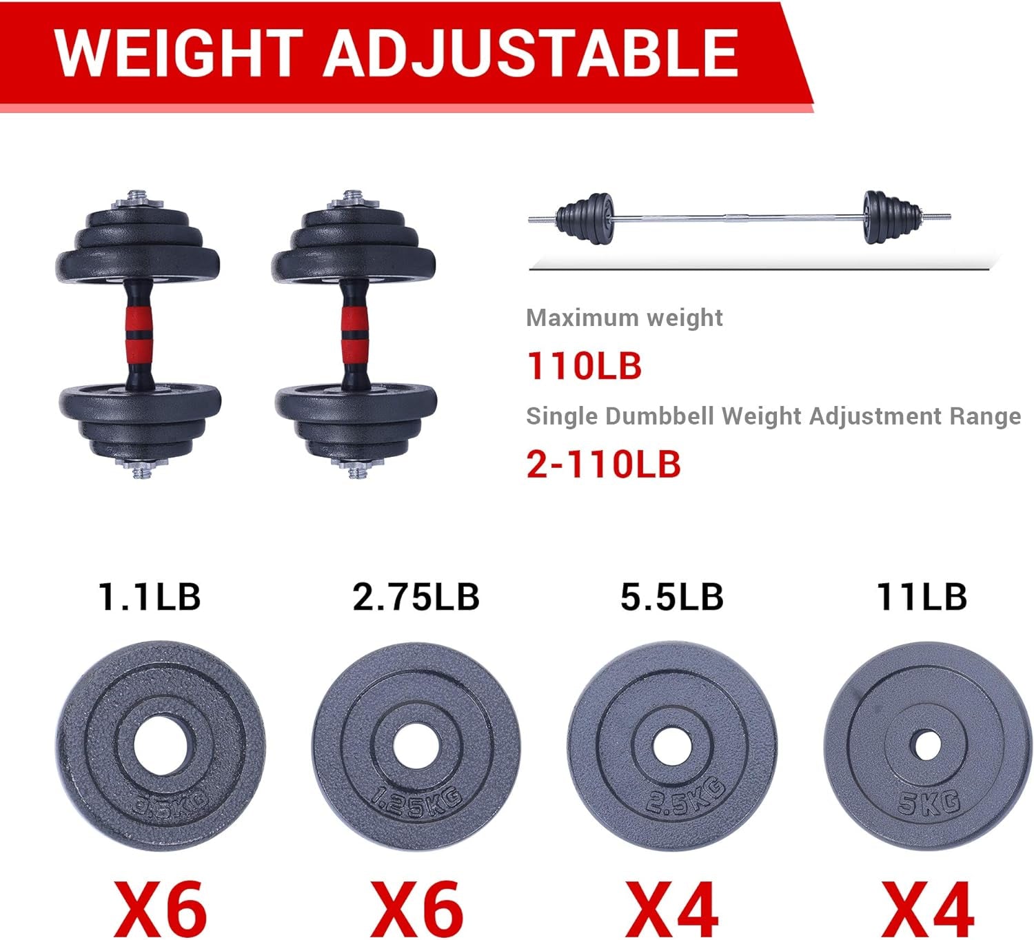 Adjustable dumbbell and barbell weight set with anti-slip handles, 22-105 lbs, versatile for home gym and fitness training.