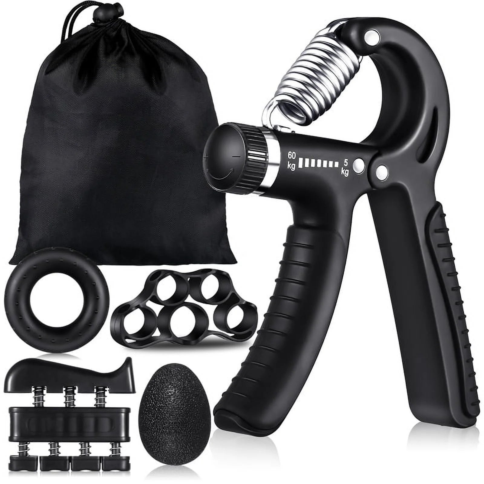 Black 6-piece hand grip strengthener kit with adjustable resistance, finger exercisers, grip rings, and stress relief grip ball.
