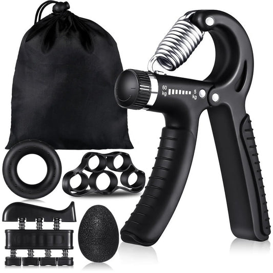 Black 6-piece hand grip strengthener kit with adjustable resistance, finger exercisers, grip rings, and stress relief grip ball.