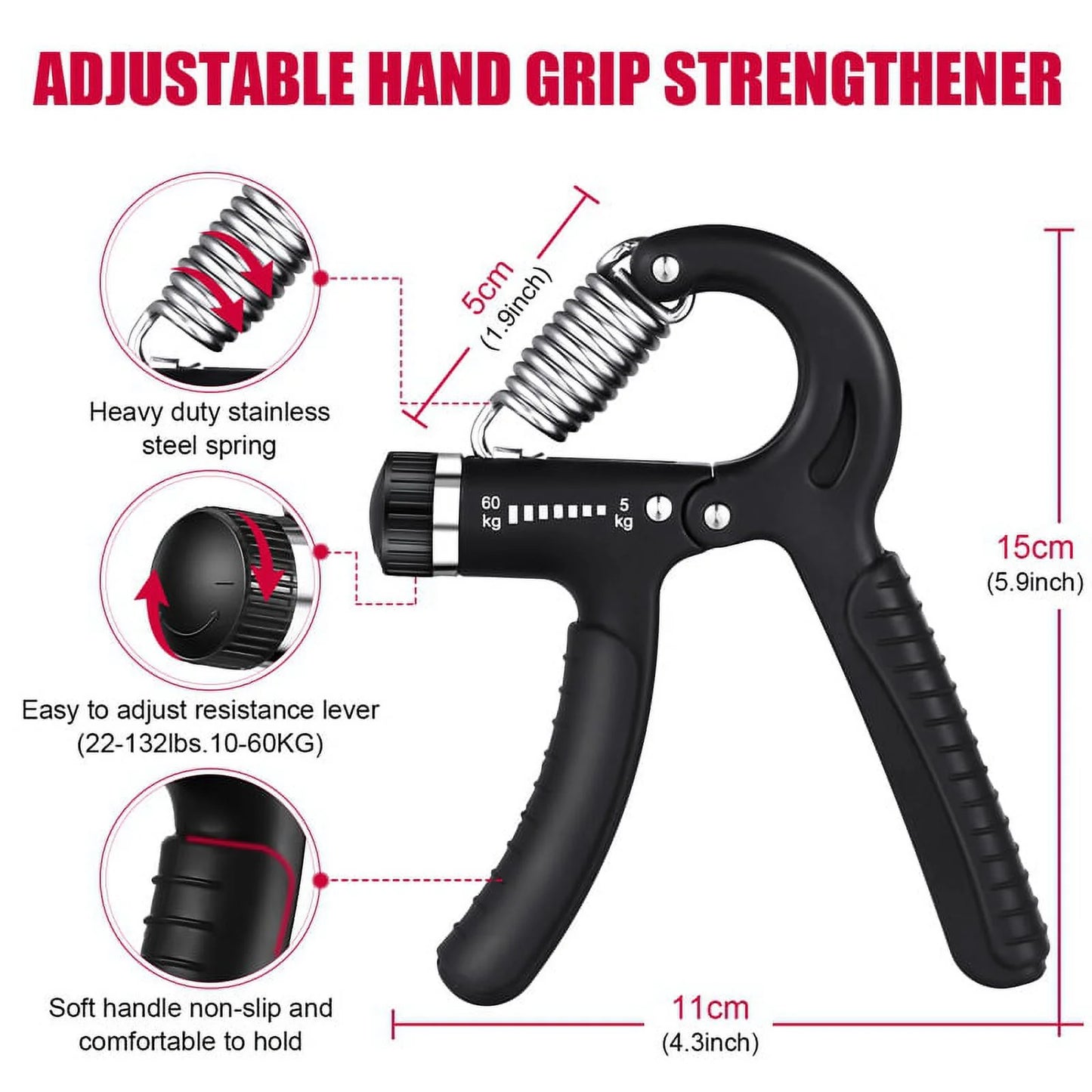 Black 6-piece hand grip strengthener kit with adjustable resistance, finger exerciser, grip ring, and stress relief grip ball.