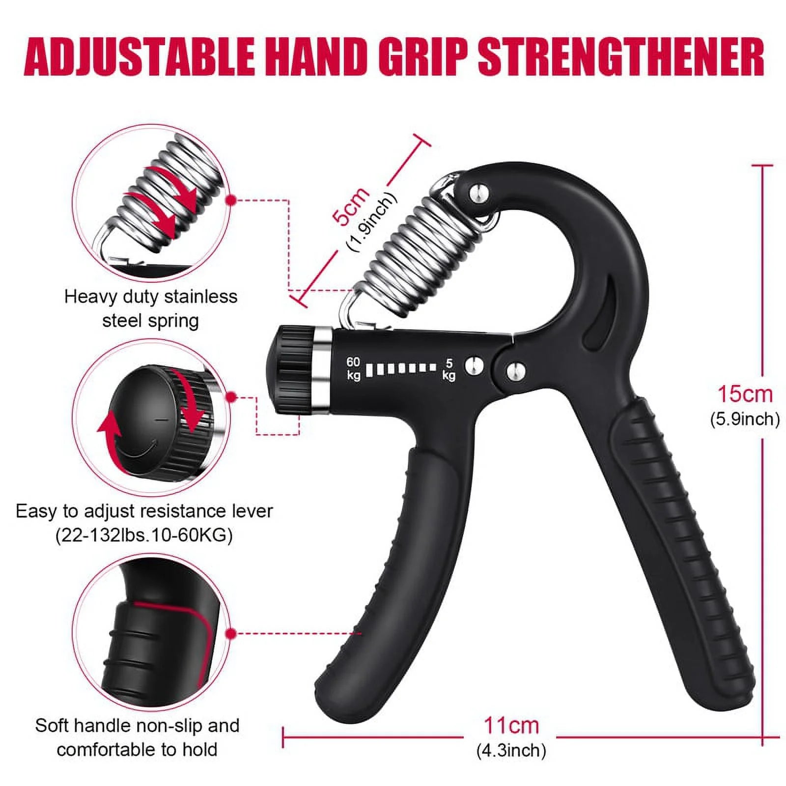 Black 6-piece hand grip strengthener kit with adjustable resistance, finger exerciser, grip ring, and stress relief grip ball.