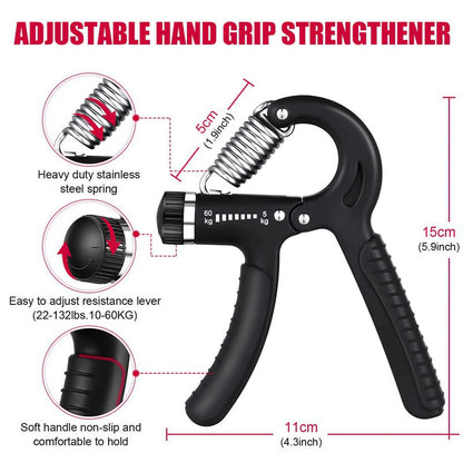 Black 6-piece hand grip strengthener kit with adjustable resistance, finger exerciser, grip ring, and stress relief grip ball.