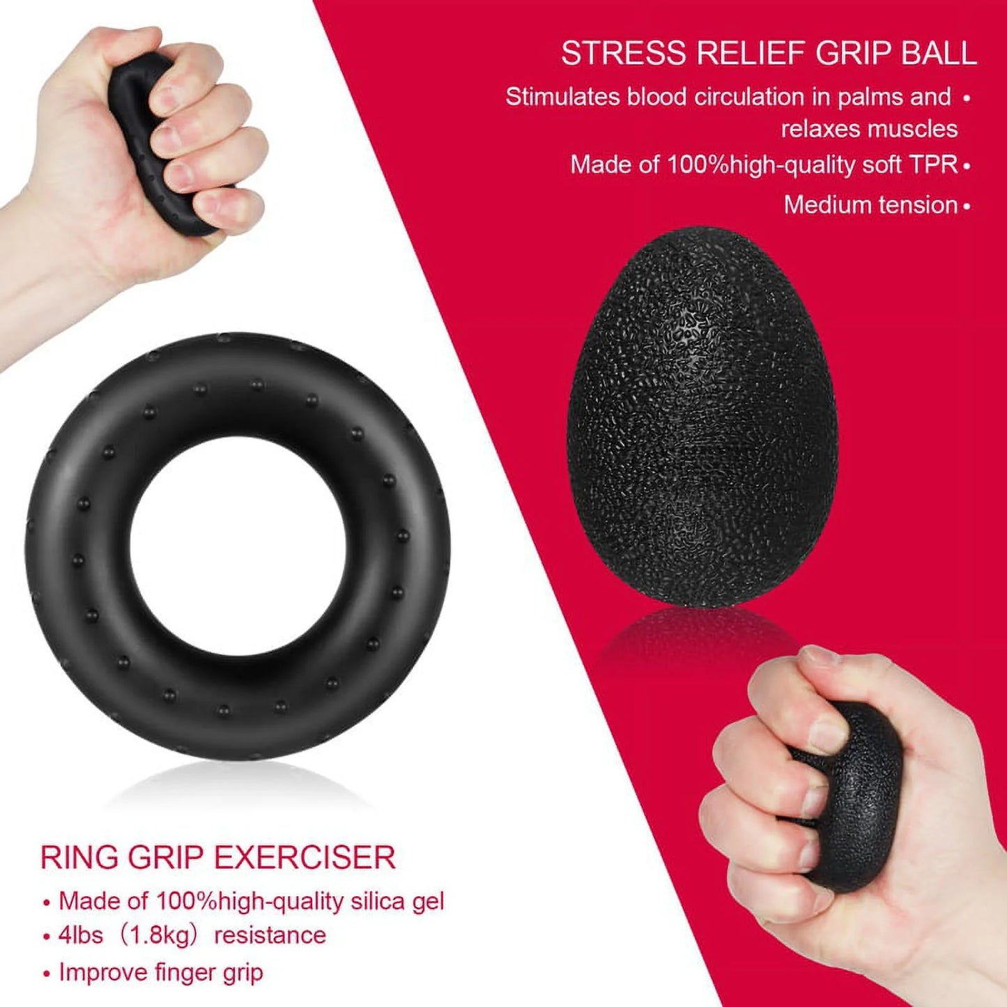 Black 6-piece hand grip strengthener kit with adjustable resistance, finger exercisers, grip rings, and stress relief grip ball.