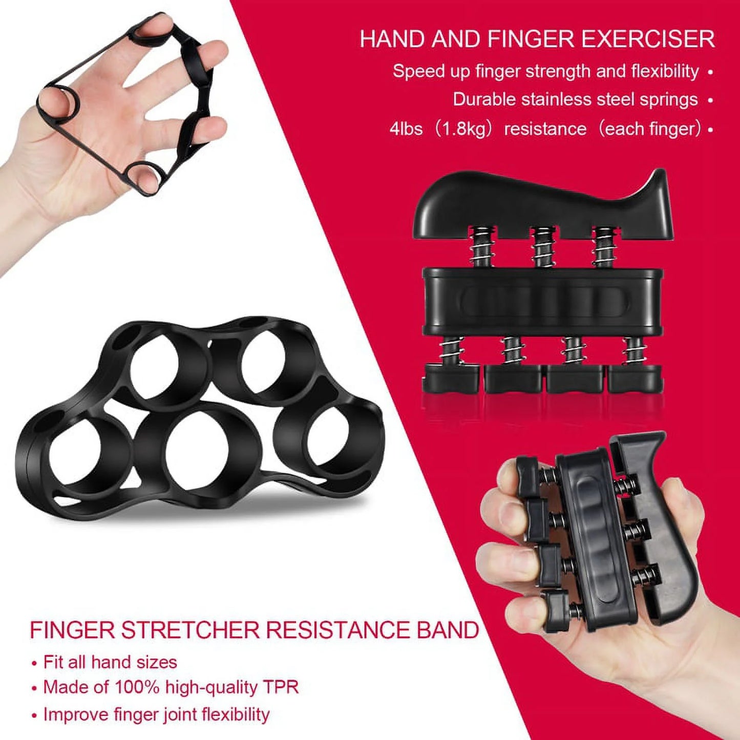 Black 6-piece hand grip strengthener kit with adjustable resistance, finger exerciser, grip ring, and stress relief grip ball.