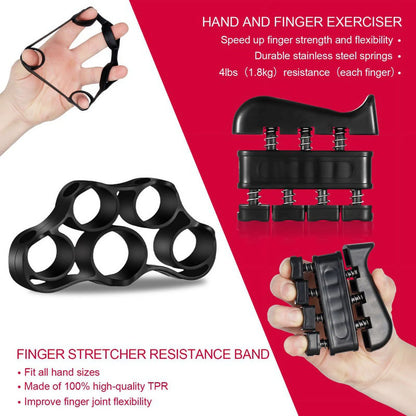 Black 6-piece hand grip strengthener kit with adjustable resistance, finger exerciser, grip ring, and stress relief grip ball.