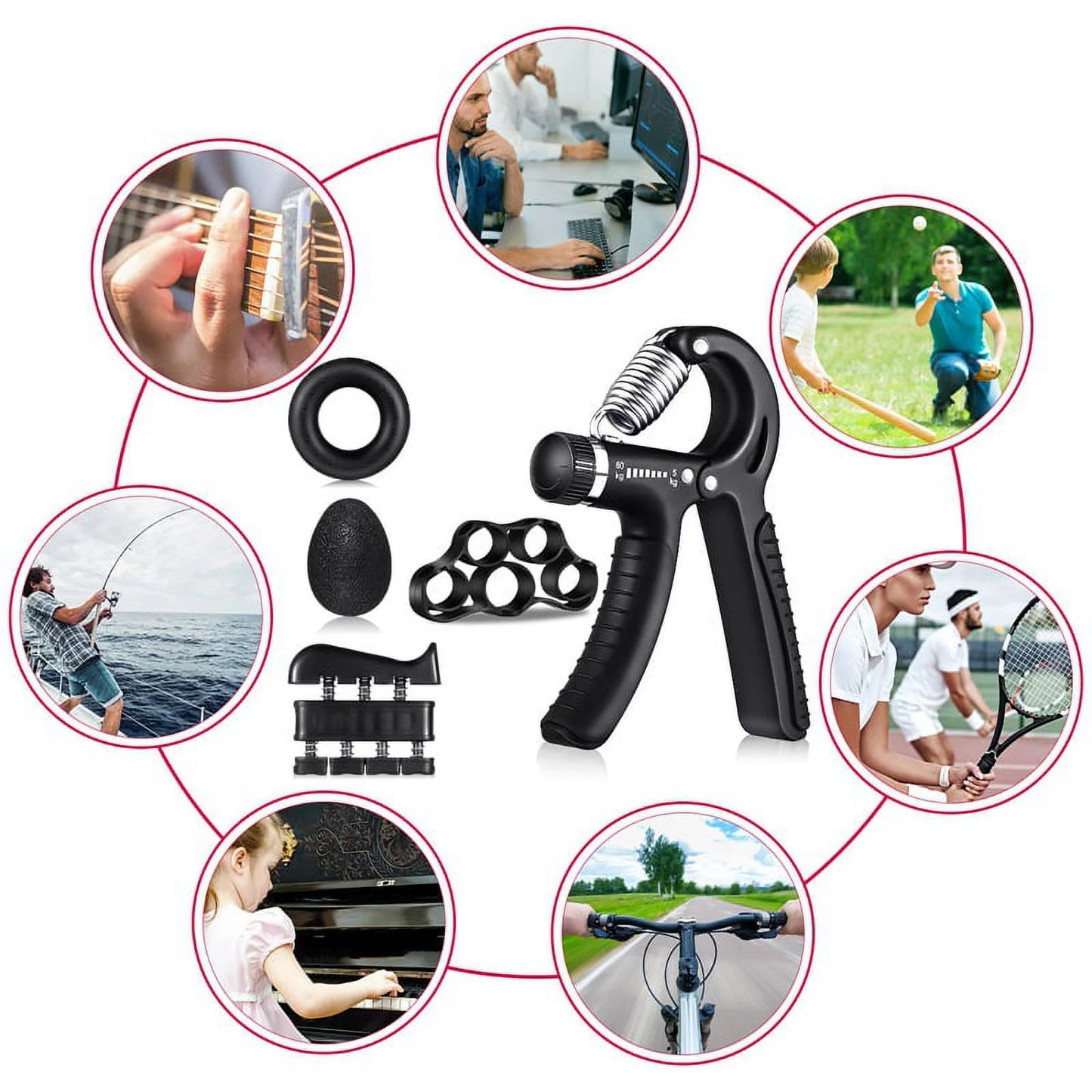 Black 6-piece hand grip strengthener kit with adjustable resistance, grip rings, stress relief grip ball, and finger exercisers.