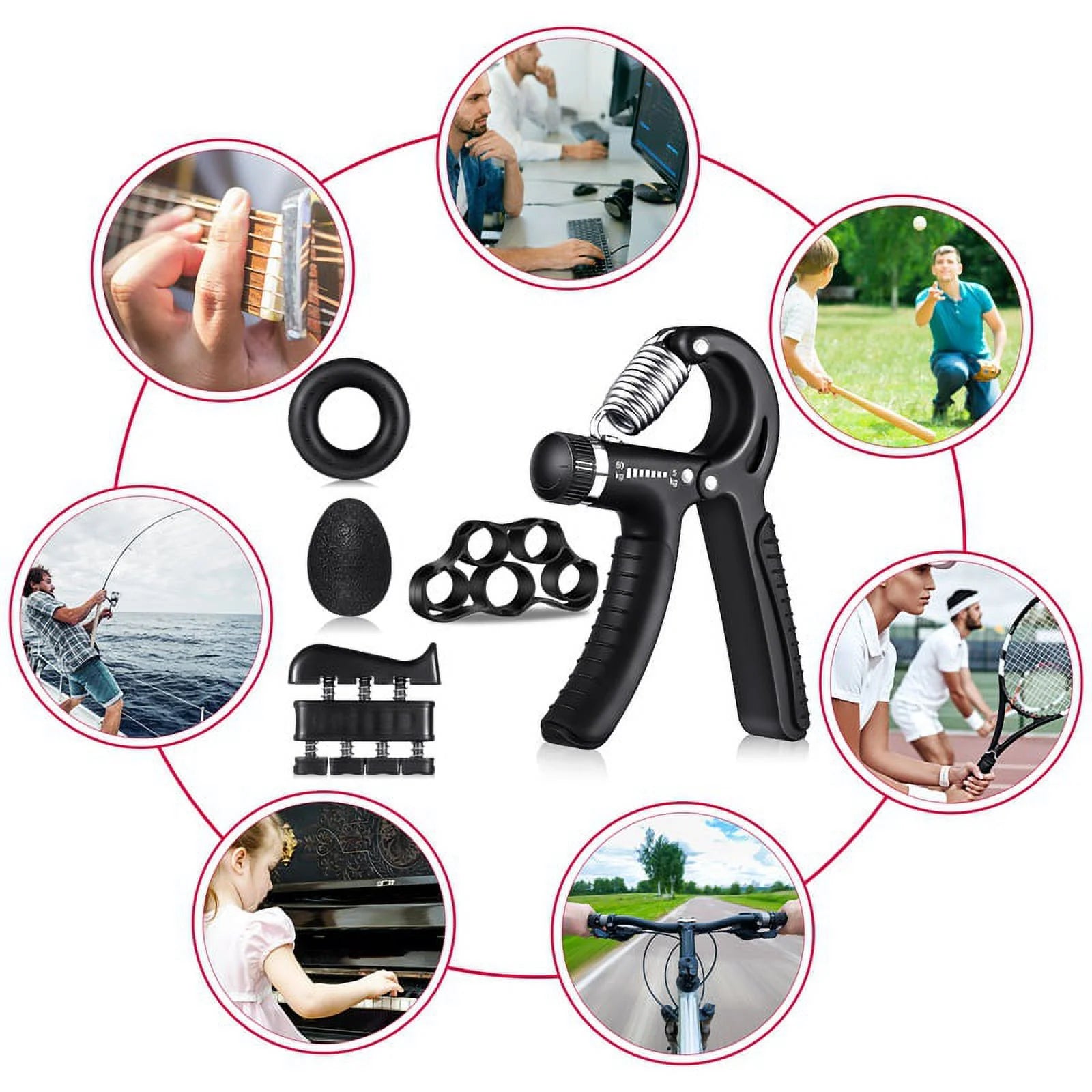 Black 6-piece hand grip strengthener kit with adjustable resistance, grip rings, stress relief grip ball, and finger exercisers.