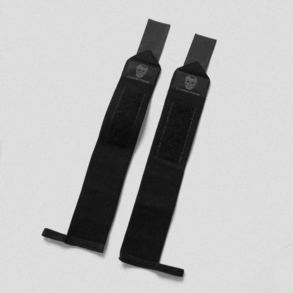 Black gym wrist wraps by My Store 2, showing snug fit and adjustable straps for wrist support during workouts.