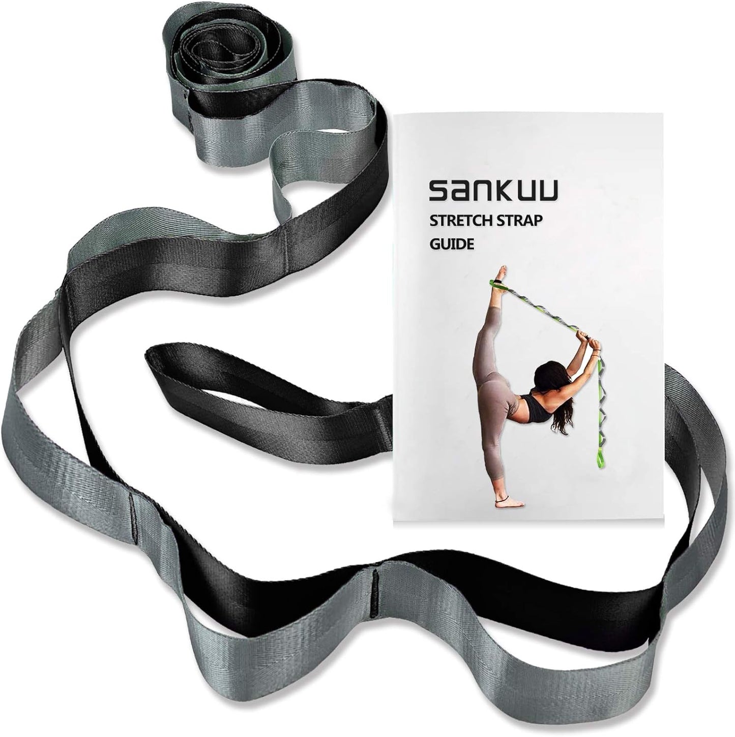 Black and grey yoga stretching strap with 12 loops, used for exercise, Pilates, gymnastics, and physical therapy stretching routines.