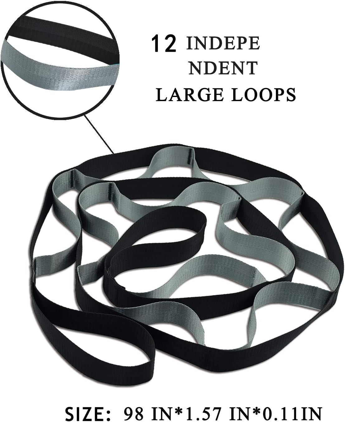 Black and grey yoga stretching strap with 12 loops, shown with workout poster, used for exercise, Pilates, physical therapy, and stretching.