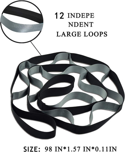 Black and grey yoga stretching strap with 12 loops, shown with workout poster, used for exercise, Pilates, physical therapy, and stretching.