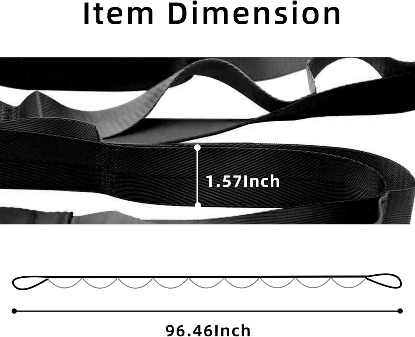 Black and grey yoga stretching strap with 12 loops for flexibility exercises, physical therapy, Pilates, and gymnastics for women and men.