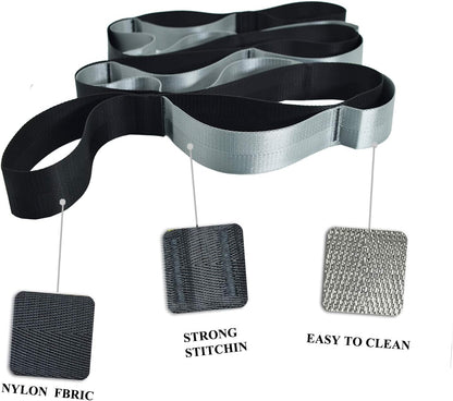 Black and grey yoga stretching strap with 12 loops, used for exercise, Pilates, physical therapy, and flexibility workouts.
