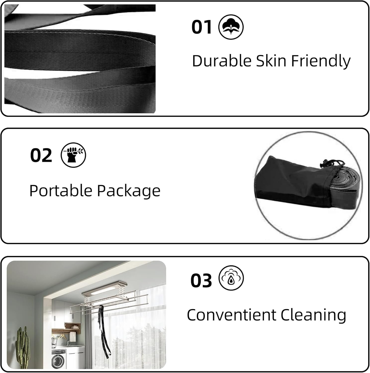Black and grey yoga stretching strap with 12 loops, shown alongside workout poster for Pilates, exercise, and physical therapy use.