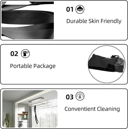 Black and grey yoga stretching strap with 12 loops, shown alongside workout poster for Pilates, exercise, and physical therapy use.