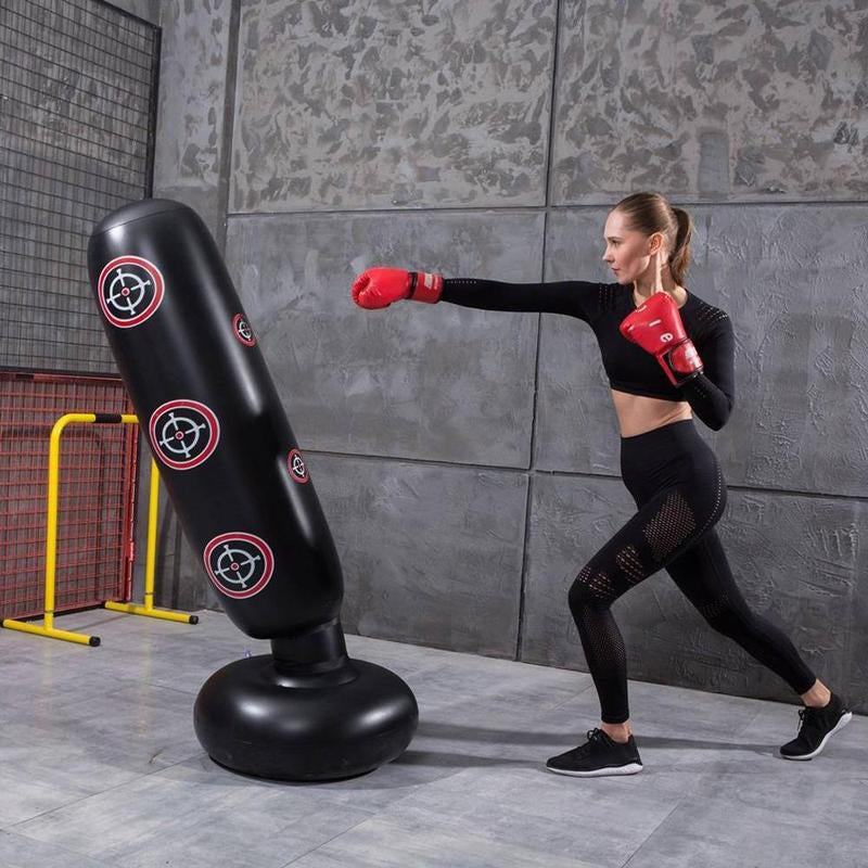 Black inflatable punching bag from My Store 2, designed for boxing practice and rebound training, shown standing upright.