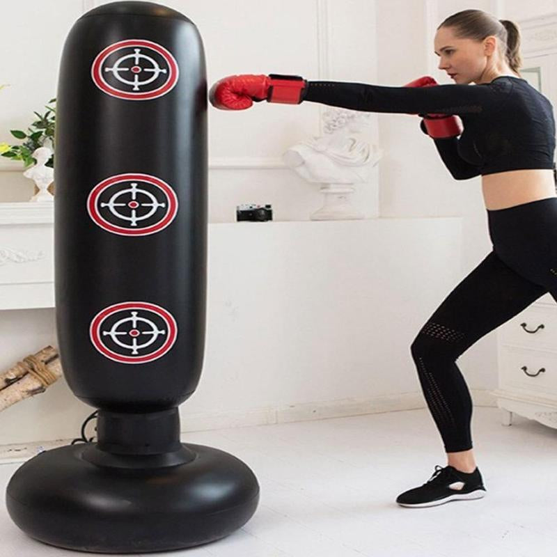 Black inflatable punching bag from My Store 2, designed for indoor boxing training and interactive fitness.
