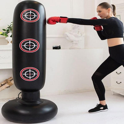 Black inflatable punching bag from My Store 2, designed for indoor boxing training and interactive fitness.