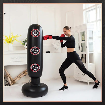 Black inflatable punching bag by My Store 2, designed for boxing practice and indoor training.