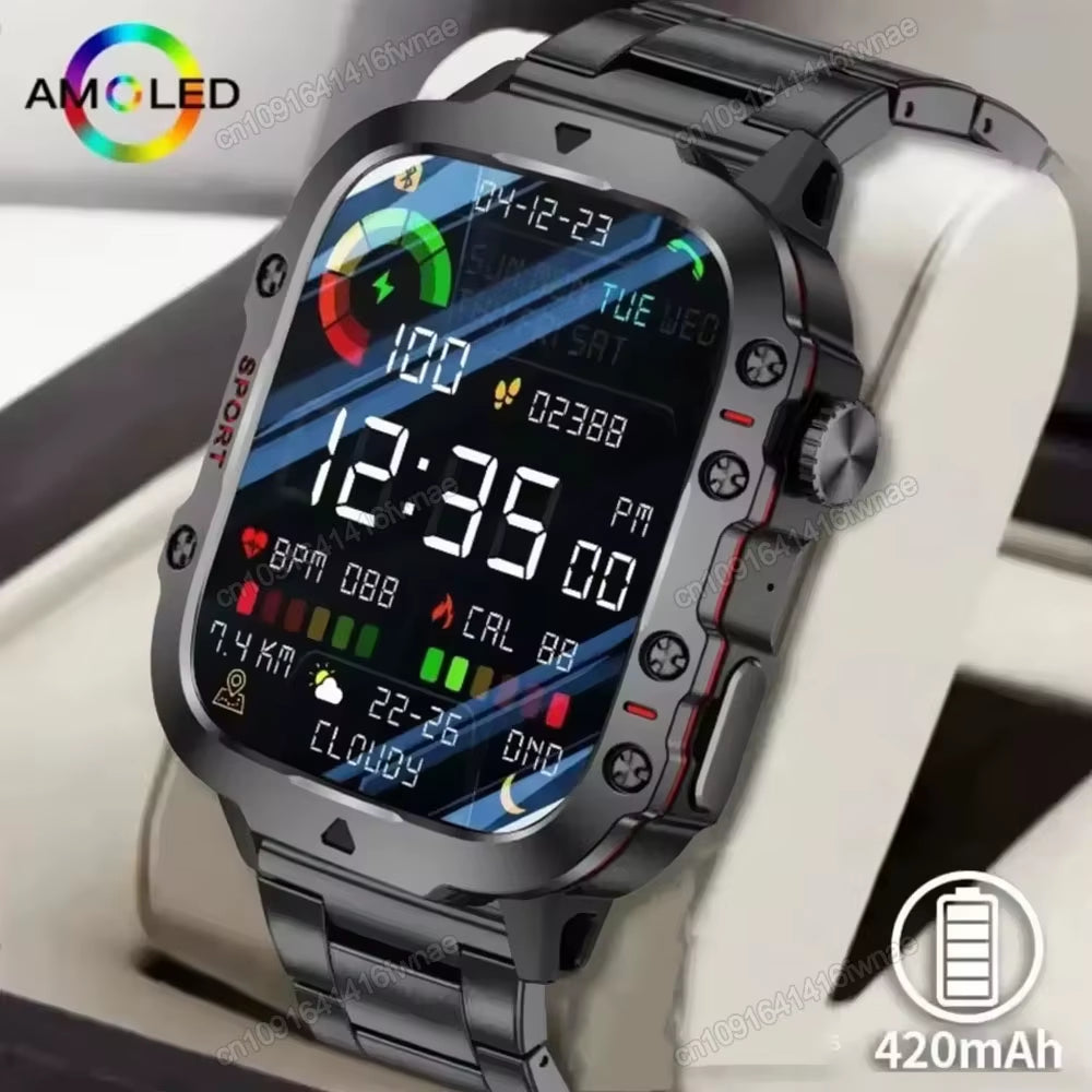 Black men's smartwatch with flashlight, Bluetooth call, fitness tracker, IP68 waterproof, compatible with Android and iOS.