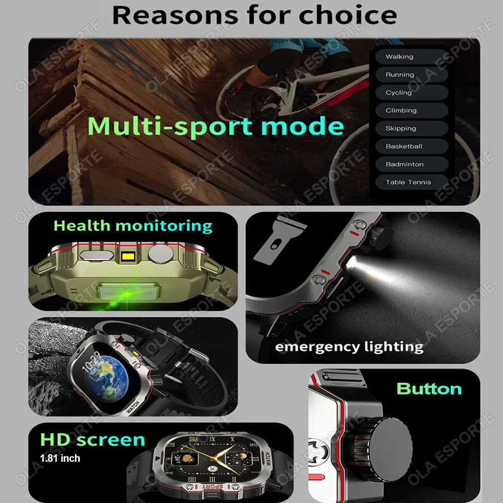 Black men's smartwatch with flashlight, Bluetooth call, fitness tracking, IP68 waterproof, compatible with Android and iOS.