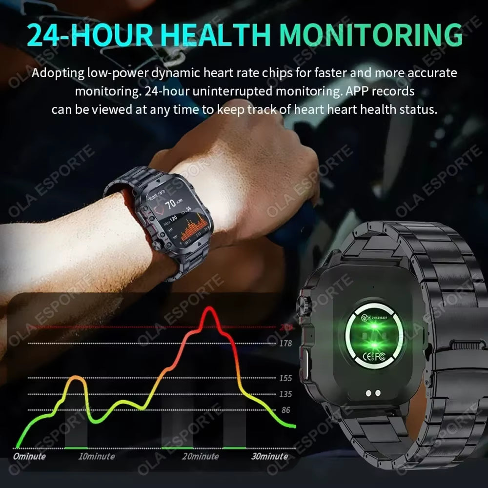 Black men's smartwatch with flashlight, Bluetooth call, fitness tracking, and IP68 waterproof design for Android and iOS.