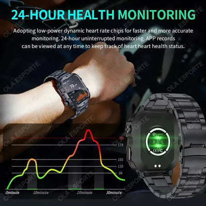 Black men's smartwatch with flashlight, Bluetooth call, fitness tracking, and IP68 waterproof design for Android and iOS.
