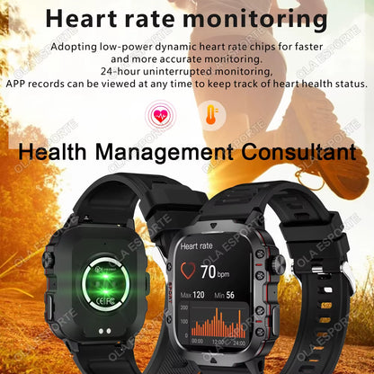 Black men's smartwatch by My Store 2 with flashlight, Bluetooth call, fitness tracking, IP68 waterproof design for Android and iOS.