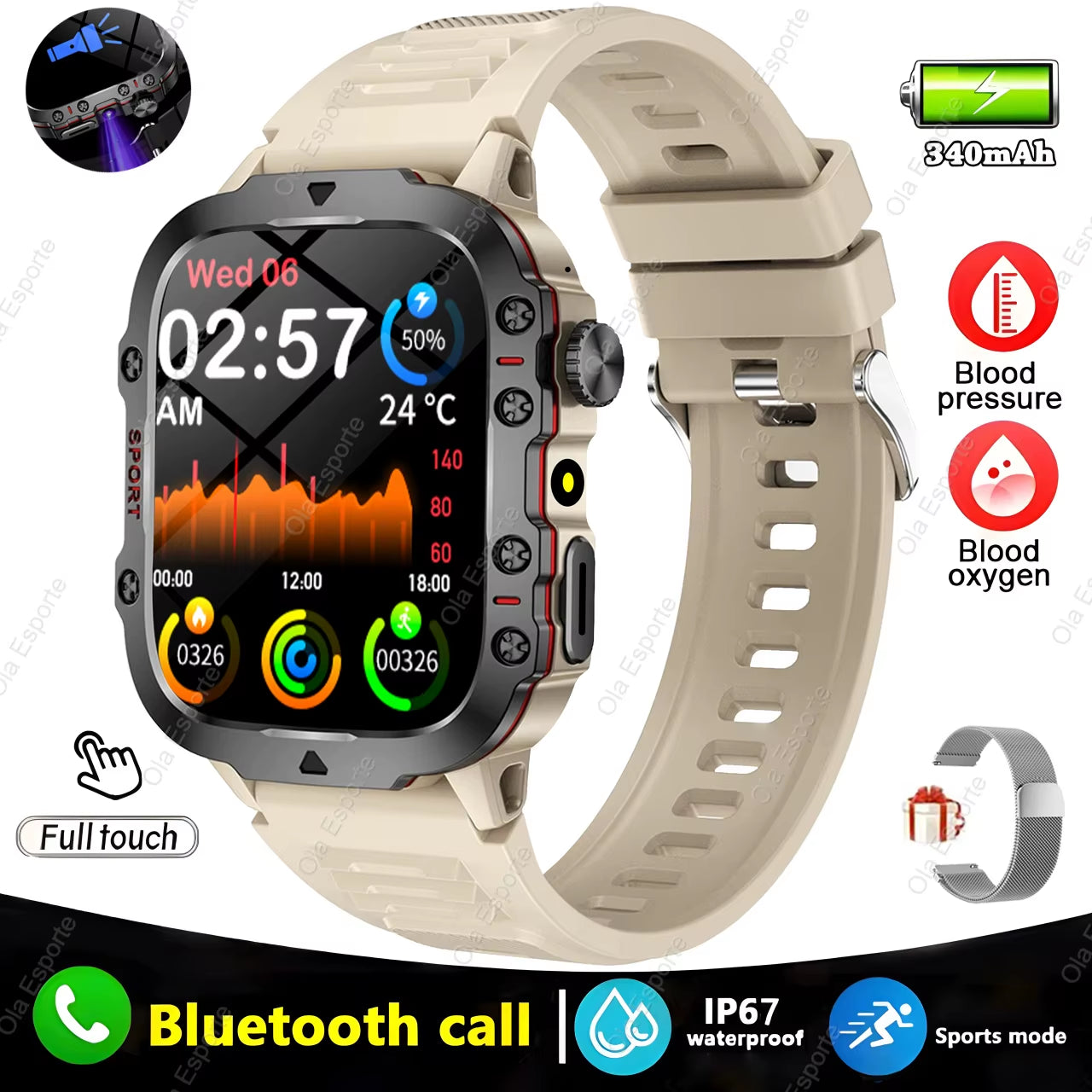 Black men's smartwatch with flashlight, Bluetooth call, fitness tracker, waterproof IP68, compatible with Android and iOS.