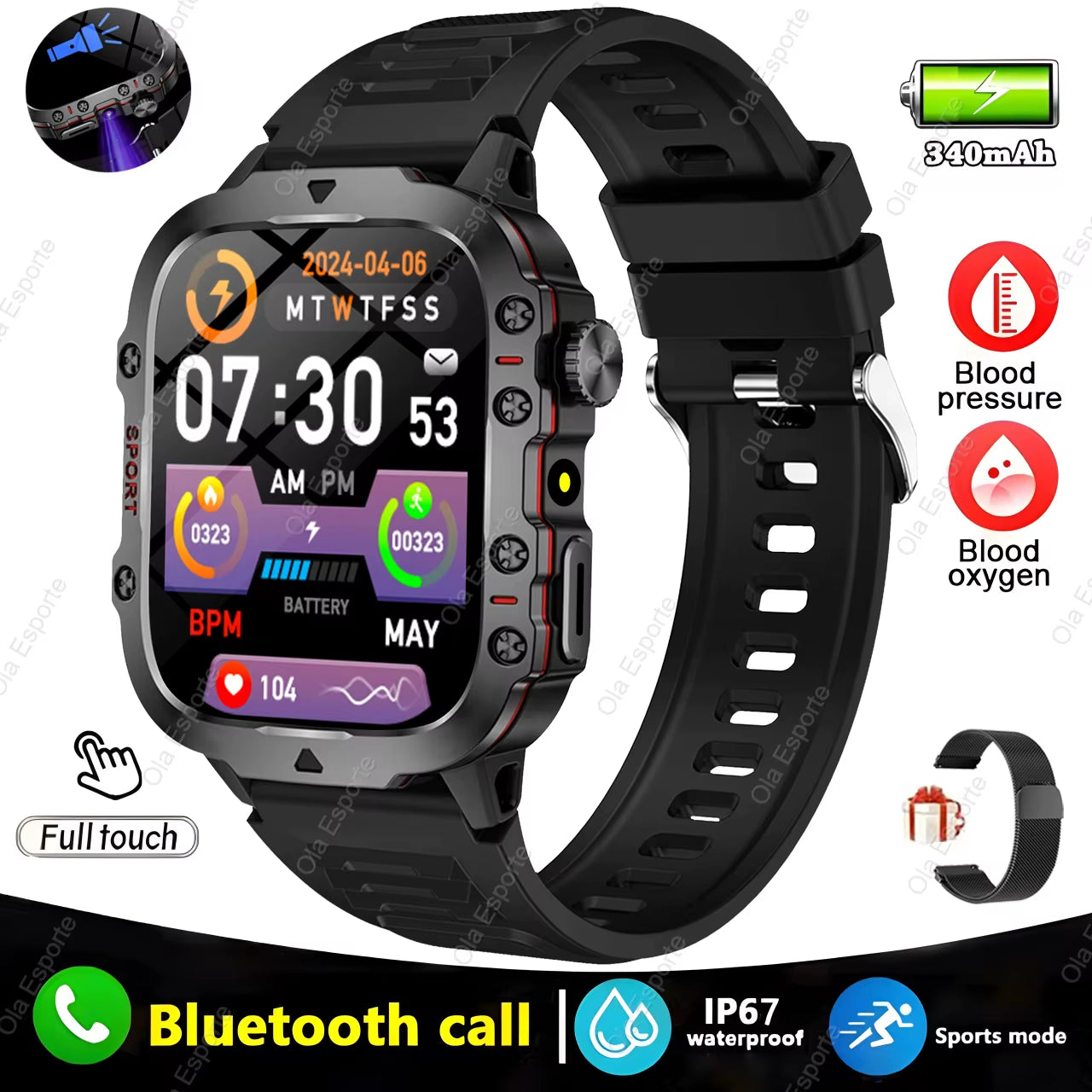Black men's smartwatch with flashlight, Bluetooth call, fitness tracking, IP68 waterproof design, compatible with Android and iOS.