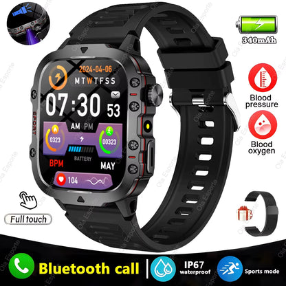 Black men's smartwatch with flashlight, Bluetooth call, fitness tracking, IP68 waterproof design, compatible with Android and iOS.