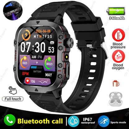 Black My Store 2 men's smartwatch with flashlight, Bluetooth call, fitness tracking, IP68 waterproof, compatible with Android and iOS.
