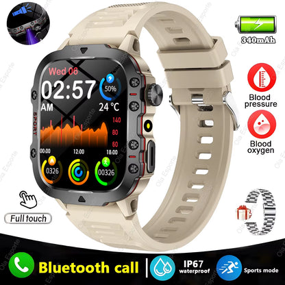 Black men's smartwatch with flashlight, Bluetooth call, fitness tracking, IP68 waterproof, compatible with Android and iOS.