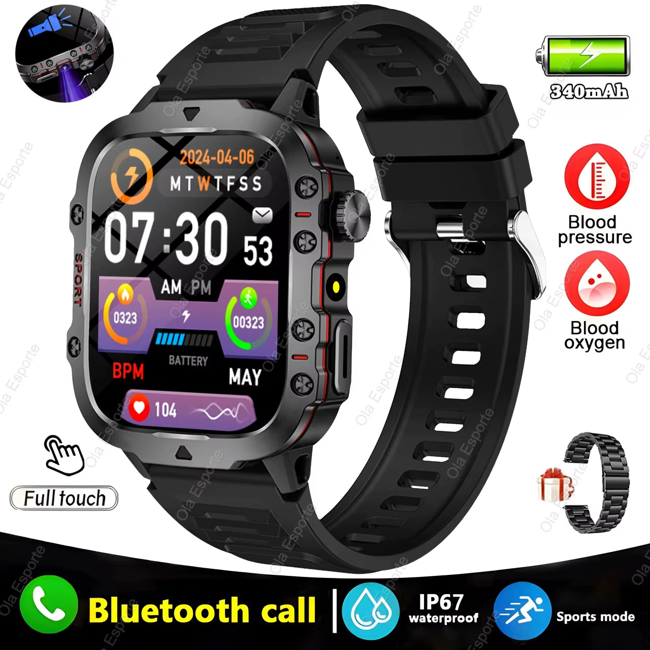Black My Store 2 men's smartwatch with flashlight, Bluetooth call, fitness tracking, IP68 waterproof for Android and iOS.