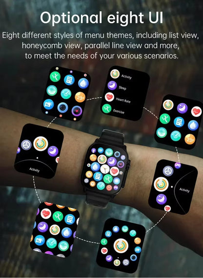 Black steel strap smart watch with Bluetooth, message alerts, heart rate monitor, and sports features for Android and iOS users.