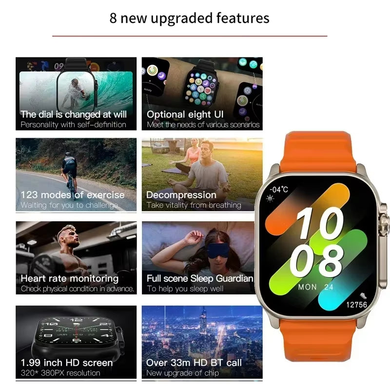Black steel smartwatch with Bluetooth, message alerts, heart rate monitor, suitable for Android and iOS, for men and women.