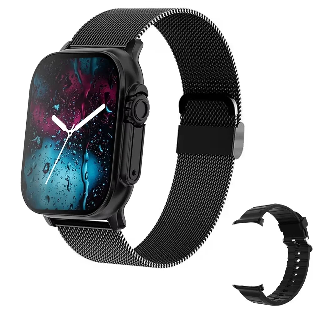 Black steel strap smartwatch with Bluetooth, message alerts, heart rate monitor, and sports tracking for Android and iOS users.