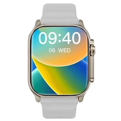 Black steel strap smart watch with Bluetooth talk, message alerts, heart rate monitor, and sports features for Android and iOS.