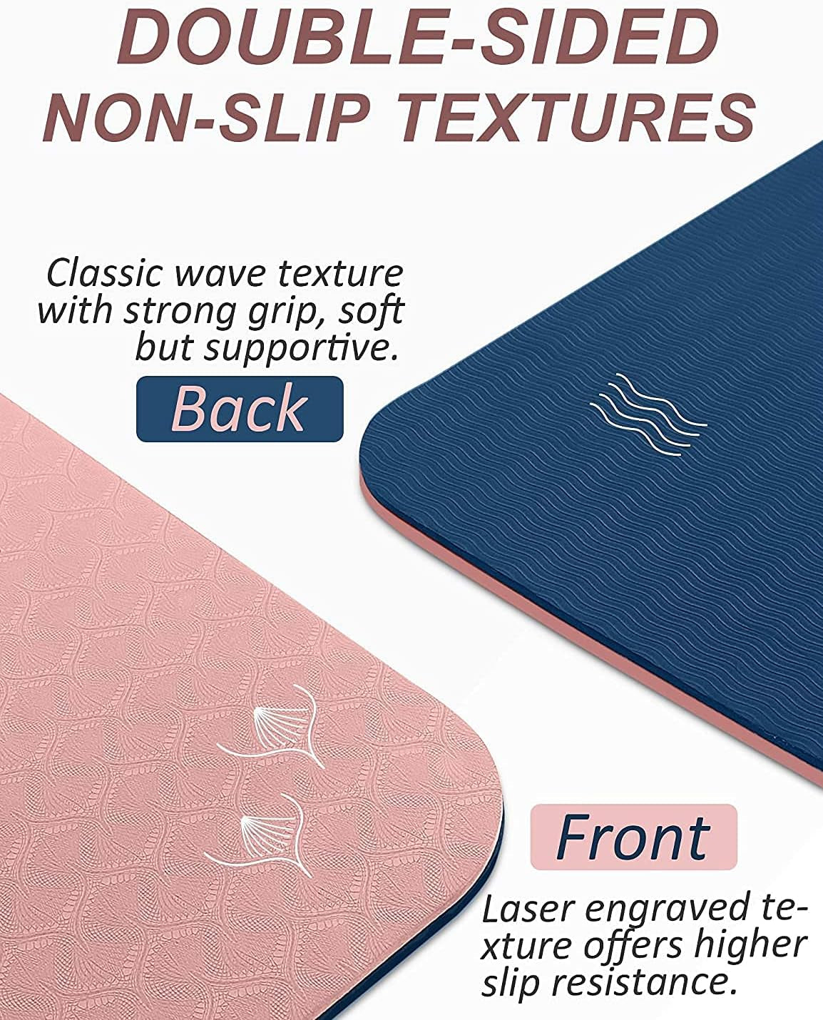 Cherry pink and navy blue TPE yoga mat with strap, double-sided non-slip, 1/3 inch thick for yoga, Pilates, and floor exercises.