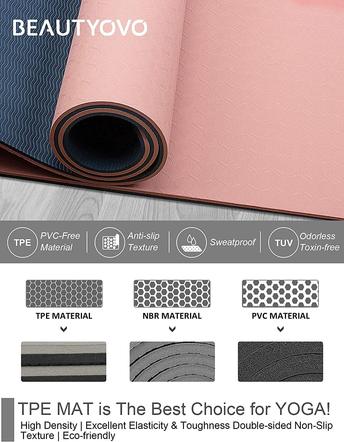 Cherry pink and navy blue TPE yoga mat with strap, 1/3 inch thick, double-sided non-slip surface for yoga, Pilates, and floor exercises.