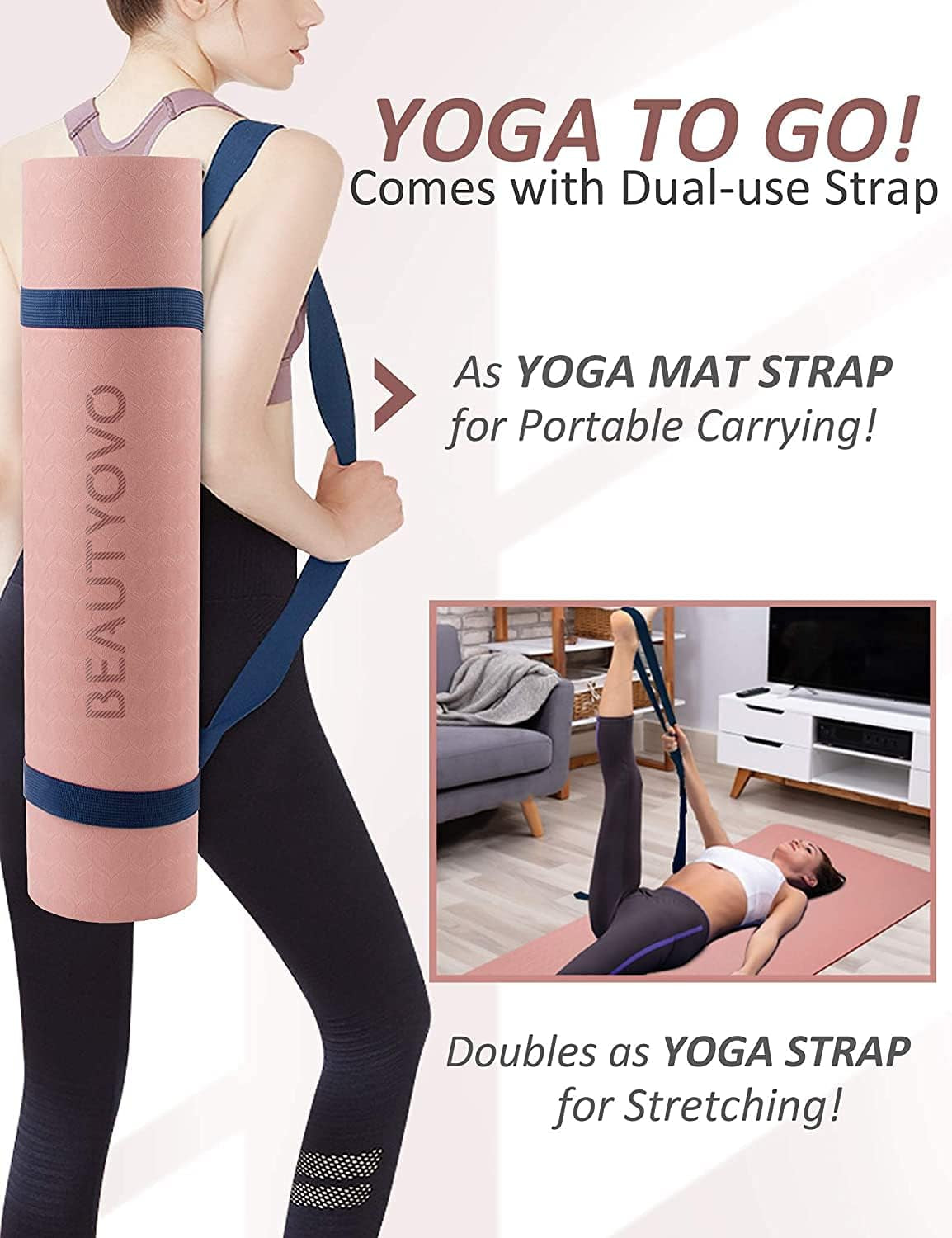 Cherry pink and navy blue TPE yoga mat with strap, double-sided non-slip, 1/3 inch thick, ideal for yoga, Pilates, and workouts.