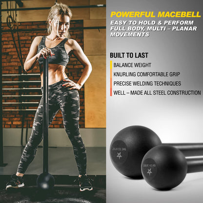 Black 15lb Steel Mace Bell for strength training, supporting full-body muscles, shoulders, grips, and forearms workouts.