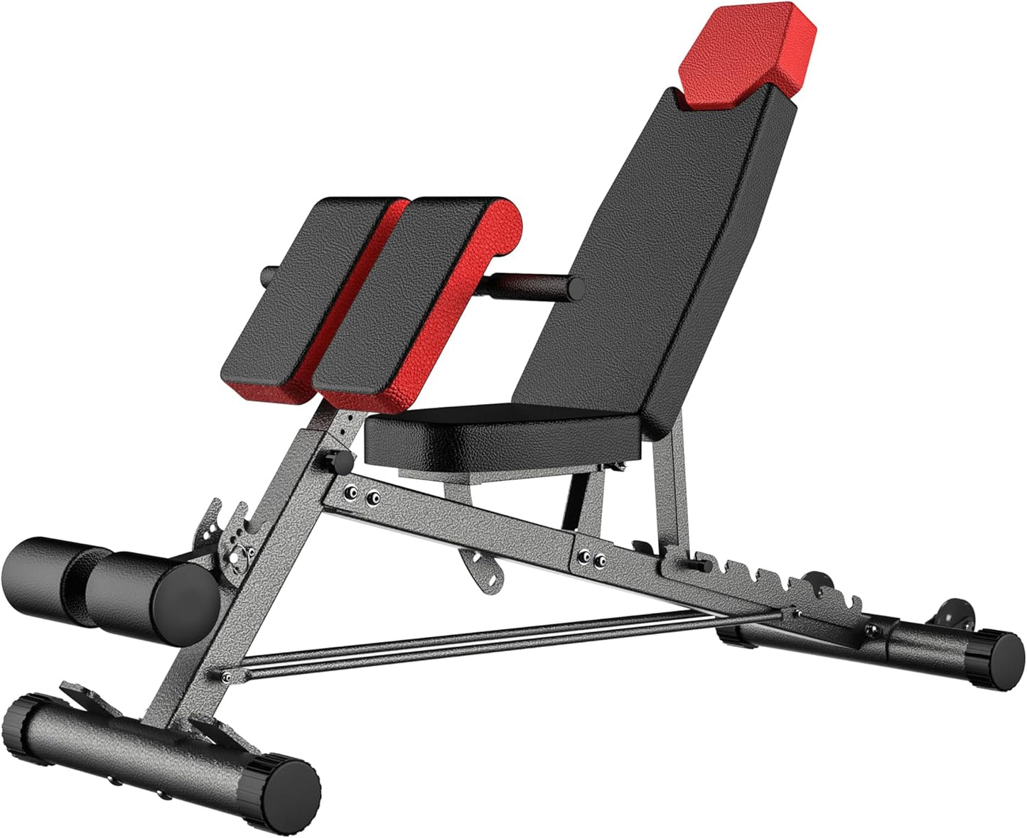 Finer Form multi-functional FID weight bench with adjustable backrest, Roman chair, and flat, incline, decline workout positions.
