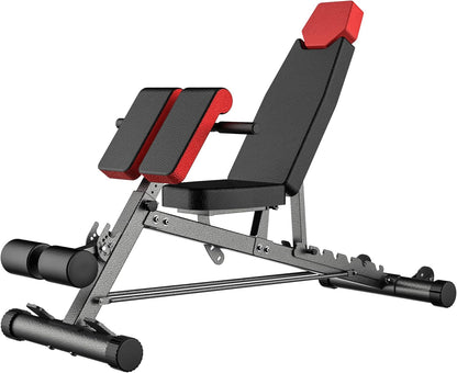 Finer Form multi-functional FID weight bench with adjustable backrest, Roman chair, and flat, incline, decline workout positions.