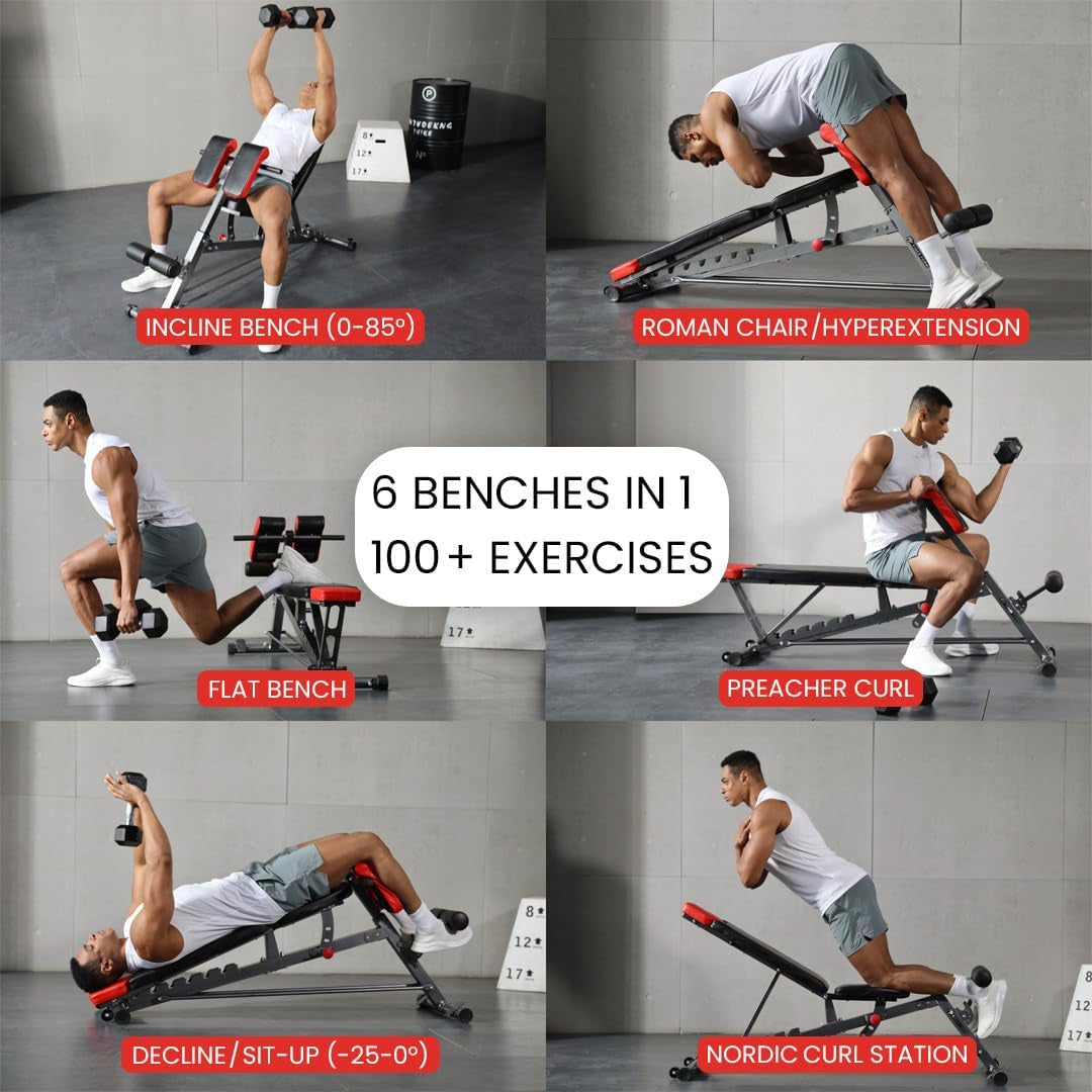 Finer Form multi-functional FID weight bench with adjustable incline, decline, flat positions, hyper back extension, Roman chair, and sit-up features.